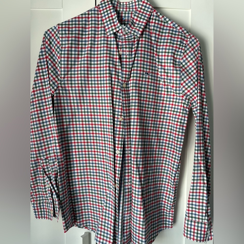BOYS Vineyard Vines Performance Red, Blue, and White Plaid Shirt